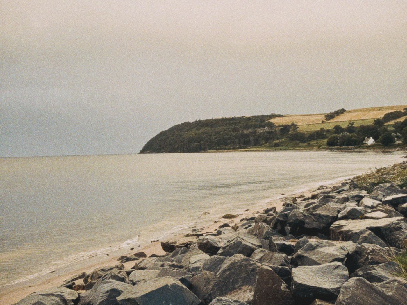 The shore at Cromarty: rock armour, a pale beach and the wooded headland of the South Sutor under an overcast sky
